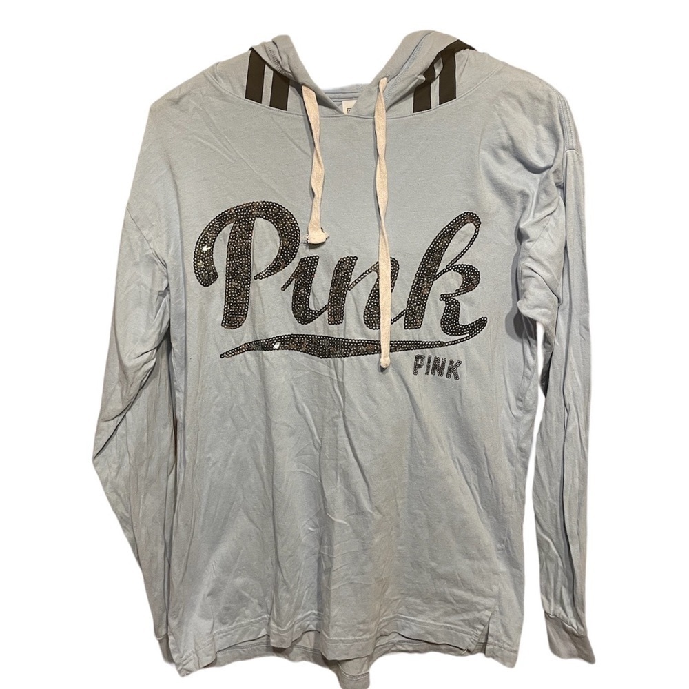 PINK Victoria’s Secret Light Blue Long Sleeve Hooded Shirt‎ with Sequins